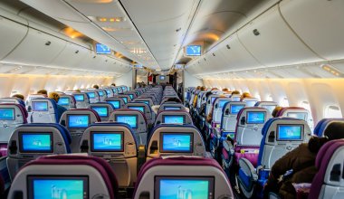 blue and white airplane seats
